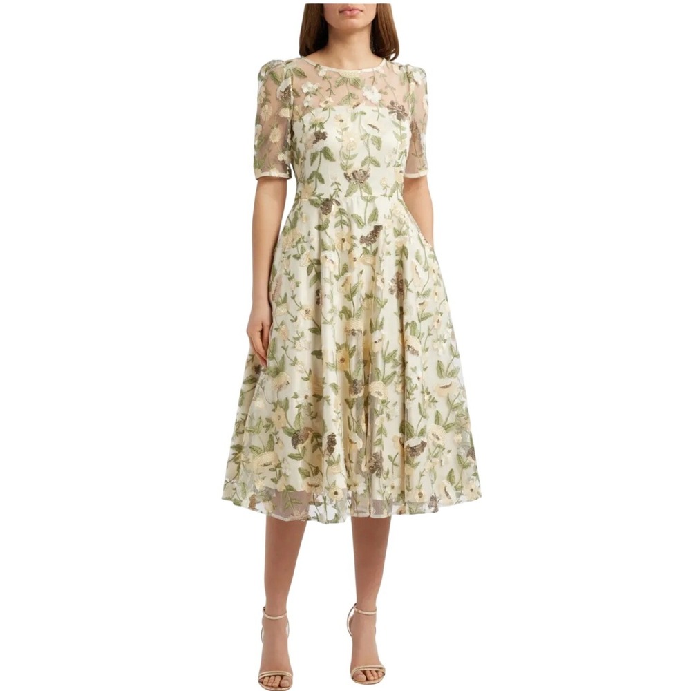 Eliza J NWOT Embroidered Floral Illusion Lace Cocktail Midi Dress Sequins Size 4